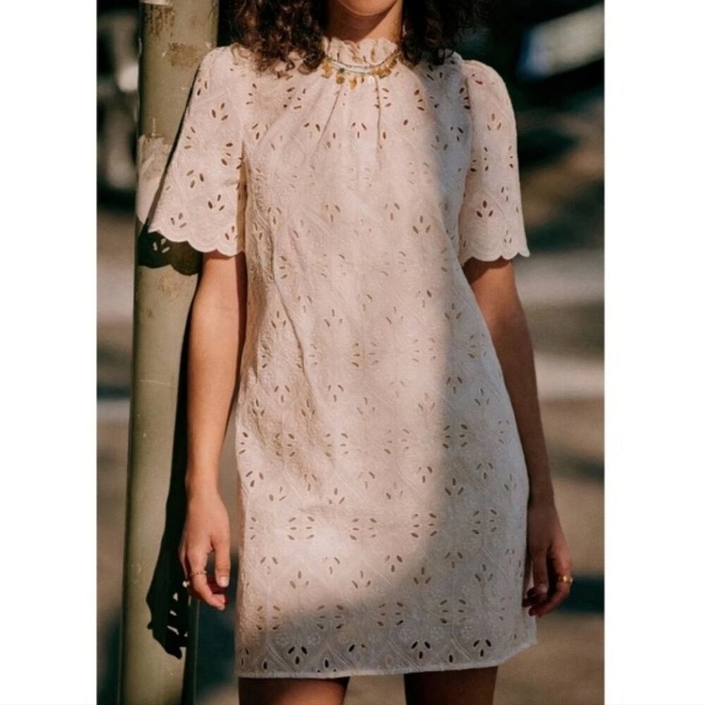Sezane Cream White Floral Mini Louison Eyelet Embroidered Dress in Ecru Size 34 - Picture 3 of 16